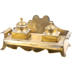 Antique Brass Desktop Double Inkwell Stand 10.5 inches length