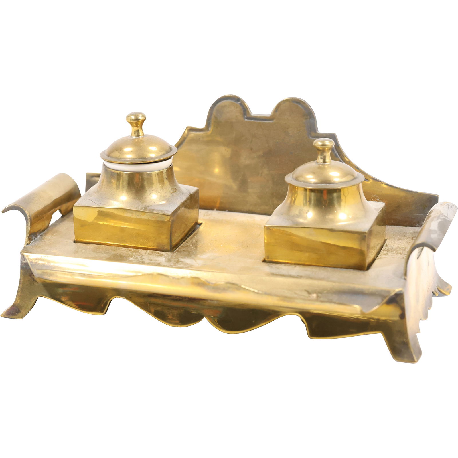 Antique Brass Desktop Double Inkwell Stand 10.5 inches length (1 of 16)