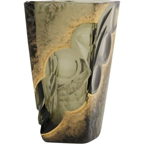 Vintage ART DECO  Sculptured Art Glass Black and Gold Vase 8.5 in. height x 6.75 in. wide