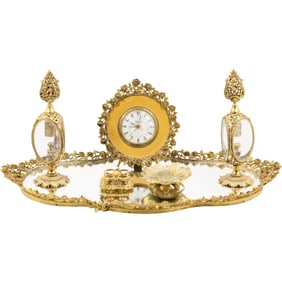 6 Piece 1940s Gold Gilt Metal Large Mirrored Dresser Tray, 2 Large Perfumes, Clock, Lipstick, Ring