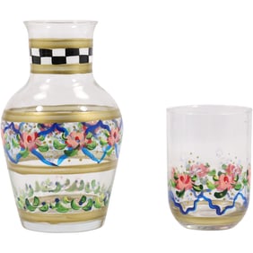 Kingston Designs, Hand Painted Floral Crystal Glass Bed Stand Water Decanter with Drinking Glass