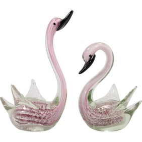 2 Pink Murano Italian Art Glass Swan Figure Sculptures 11 inches height x 6.5 inches length