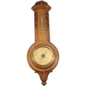Vintage Hand Carved Walnut Wall Mount Barometer / Thermometer 26.5 iches length