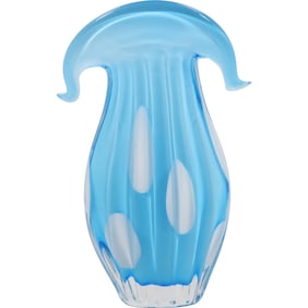 Sky Blue and White Murano Italian Art Glass Polka Dot Vase 10.75 in. height x 7.5 in. wide