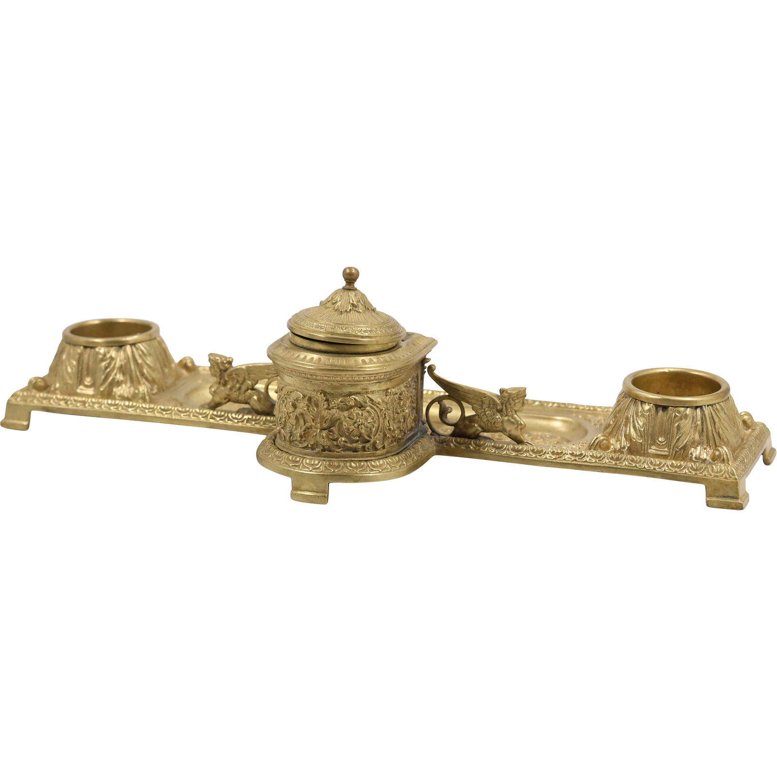 19th C. American Renaissance Revival Brass Desk Top Inkwell with Griffins 15.75 in. length: 19th C. American Renaissance Revival Brass Desk Top Inkwell with Griffins 15.75 in. length, good patina. size: 4.5h 15.75w