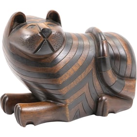 LARGE WOOD CARVED STRIPED CAT WITH SECRET BOX 10 in. length x 8.5 in. height