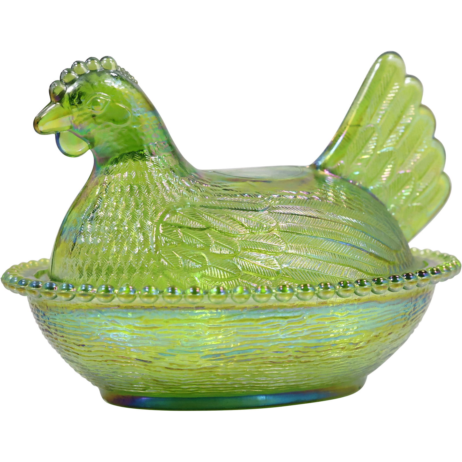 Vintage Indiana Glass Green Carnival Glass Hen on Nest Covered Dish. 5 in. x 7 in. (1 of 16)