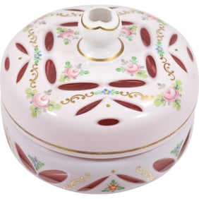 Bohemian Cut Cameo Glass Round Dresser Box White to Cranberry with Hand Painted Flowers