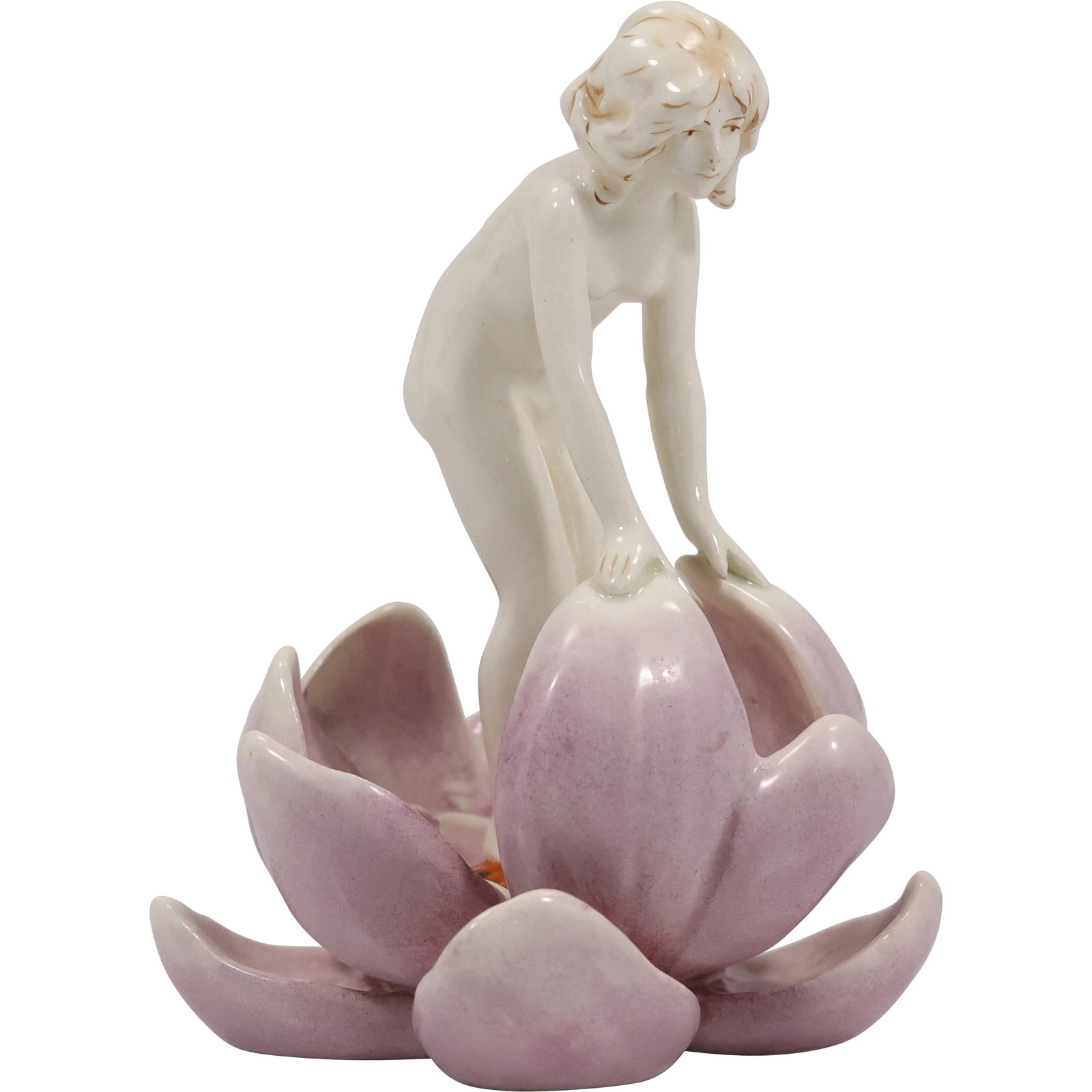VINTAGE PORCELAIN FLOWER FROG - Nude Lady - Art Nouveau - Figural - Nymph Figurine: VINTAGE PORCELAIN FLOWER FROG - Nude Lady - Art Nouveau - Figural - Nymph Figurine. size: 6.5h 5w