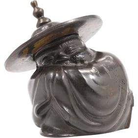 19th C. Antique Chinese Bronze Figure Depicting a Crouching Man in a Hat.  5.5 in. height x 4 in.