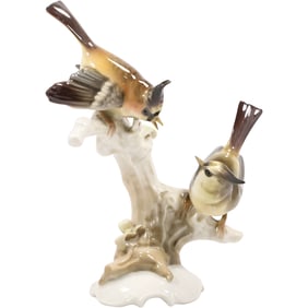 Lorenz Hutschenreuther porcelain figurine featuring two Crested Titmouse birds on a branch 9 in. h.