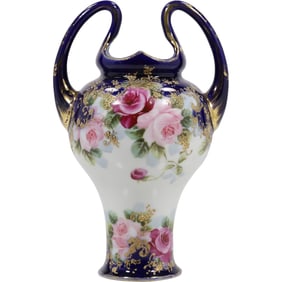 Circa 1920s Cobalt Porcelain Vase with Hand Painted Roses and Long Basket Style Handles