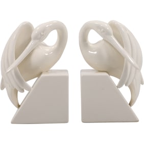 Fitz & Floyd Mid Century Great Egret White Ceramic Bookends.