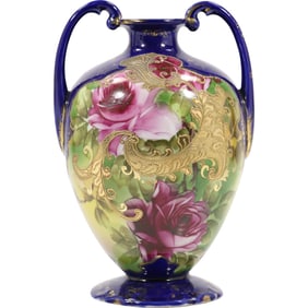 Circa 1920s Cobalt Porcelain Handled Vase with Hand Painted Roses 10 inches height x 4.5 in. wide