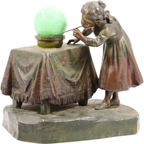 Signed Mednat, French Cast Metal Spelter Girl at Carpet Covered Table Blowing Bubble Lamp