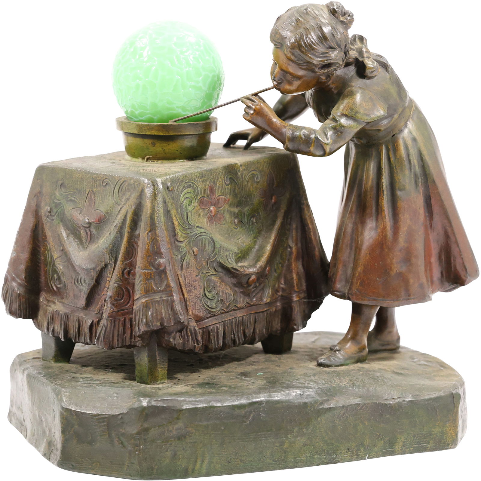 Signed Mednat, French Cast Metal Spelter Girl at Carpet Covered Table Blowing Bubble Lamp (1 of 17)