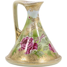 Circa 1920s Gold Gilt Porcelain Pitcher Ewer with Hand Painted Pink Rose 8 in. height x 7.5 in.