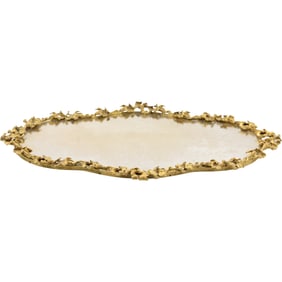 Large 1940s Cast Metal Flowers and Vines Border Shaped Mirror Dresser Tray 24 in. x 16 in.