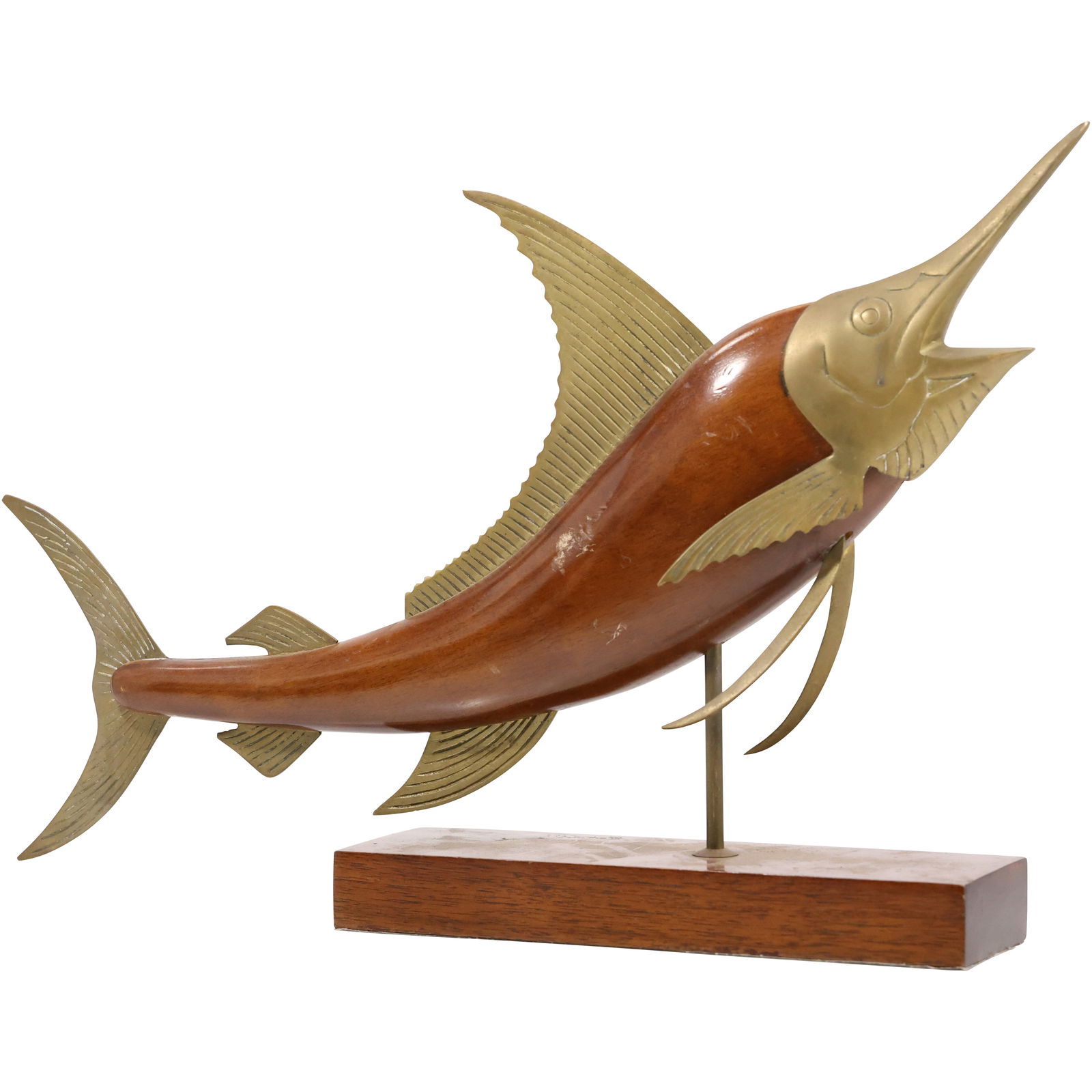 Mid-Century Modern Brass and Wood Sculpture of a Marlin Sailfish, attributed to Frederick Cooper: Mid-Century Modern (MCM) brass and wood sculpture of a marlin or sailfish, often attributed to Frederick Cooper. size: 13.5 inches height x 21 inches length