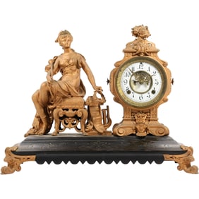 Antique Ansonia "Opera" Cast Metal Figural Clock, Open Escapement Dial, 16.5 in. h. x 21 in. length