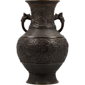 19th C. Japanese Bronze Handled Urn / Vase, Intricate Design, 16 inches height x 6.75 in. wide