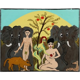 SAMO / Jean Michel Basquiat, attributed to, "Adam and Eve in the Jungle with Elephants"  Oil/c