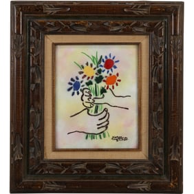 PABLO PICASSO Enamel Art on Copper "Le Bouquet De Fleurs" Framed, Signed in Plate