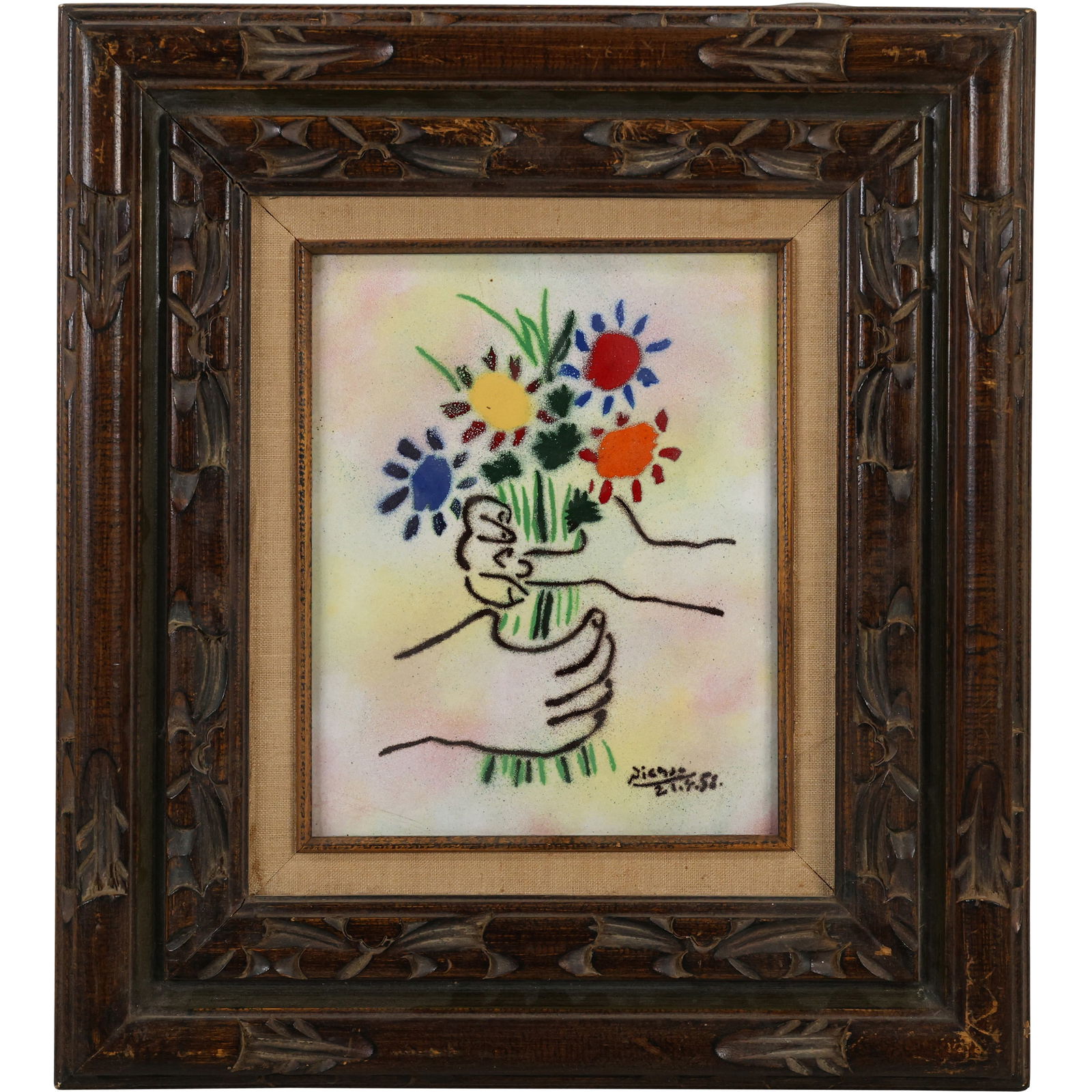 PABLO PICASSO Enamel Art on Copper "Le Bouquet De Fleurs" Framed, Signed in Plate (1 of 12)