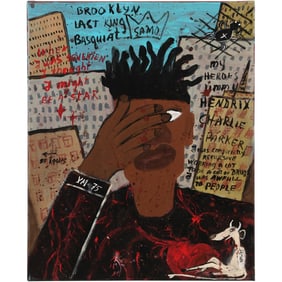 SAMO / Jean Michel Basquiat, attributed to, "Brooklyn Last King Basquiat" Oil Painting on Canvas