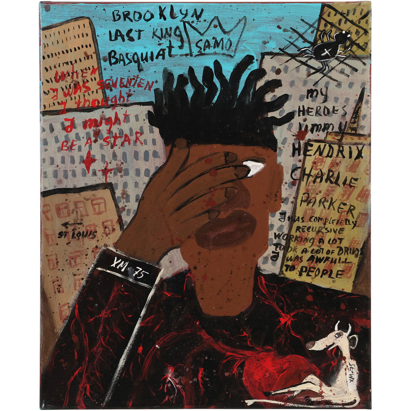 SAMO / Jean Michel Basquiat, attributed to, "Brooklyn Last King Basquiat" Oil Painting on Canvas: SAMO / Jean Michel Basquiat, attributed to, "Brooklyn Last King Basquiat" Oil Painting on Canvas. Selling attributed to due to no authentification or COA. Bears SAMO XM-75 signature with monogram Crow
