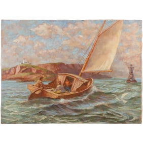 Signed W Gardner, Fine 20th C. Nautical Oil on Canvas Painting Cabin Fishing Boat, Lighthouse