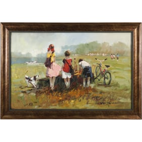 Signed Don Grima, 20th C. Oil on Canvas Painting Boy Fishing with Dog & Girl,  Bicycle