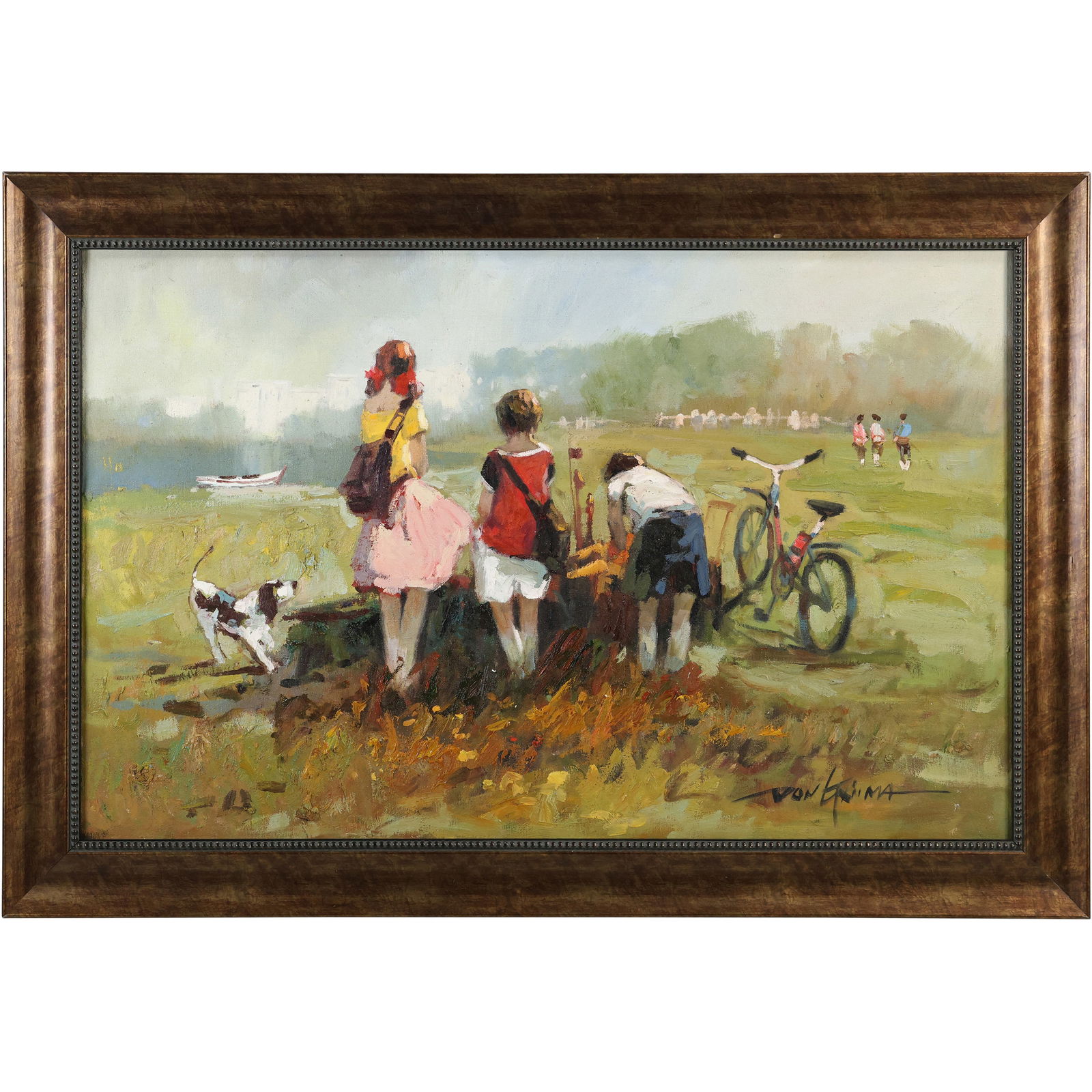 Signed Don Grima, 20th C. Oil on Canvas Painting Boy Fishing with Dog & Girl, Bicycle: Signed Don Grima, 20th C. Oil on Canvas Painting Boy Fishing with Dog & Girl, Bicycle. size: 34.5 x 23.5 outside frame 28 x 41.5