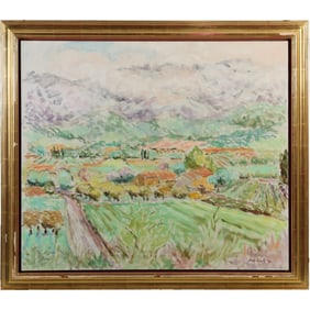 Joan Brady (Born 1934) American, Oil on Canvas Painting Impressionism Valley Farmland