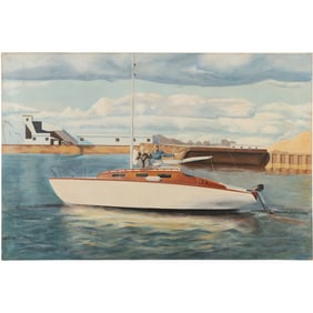 Hector McDonnell, b, 1947, Ireland, Fine Oil on Canvas Painting Cabin Cruiser Boat Docked in Harbor