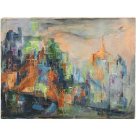 Signed Edith Posen, Vintage Oil on Canvas Painting Cityscape with Skyscraper Buildings