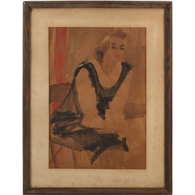 Attributed to Jules Pascin (1885 - 1930), Modernist Watercolor of a Seated Young Woman