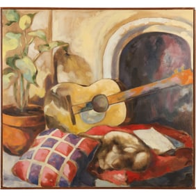 Suzanne Wanele 1974, Oil on Canvas Painting Titled: "Still Life with Cat", Guitar on Pillow