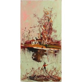 Morris Katz 1976, Jewish American, Acrylic Painting, Fisherman in the Catskills Lake Scene, Chalet