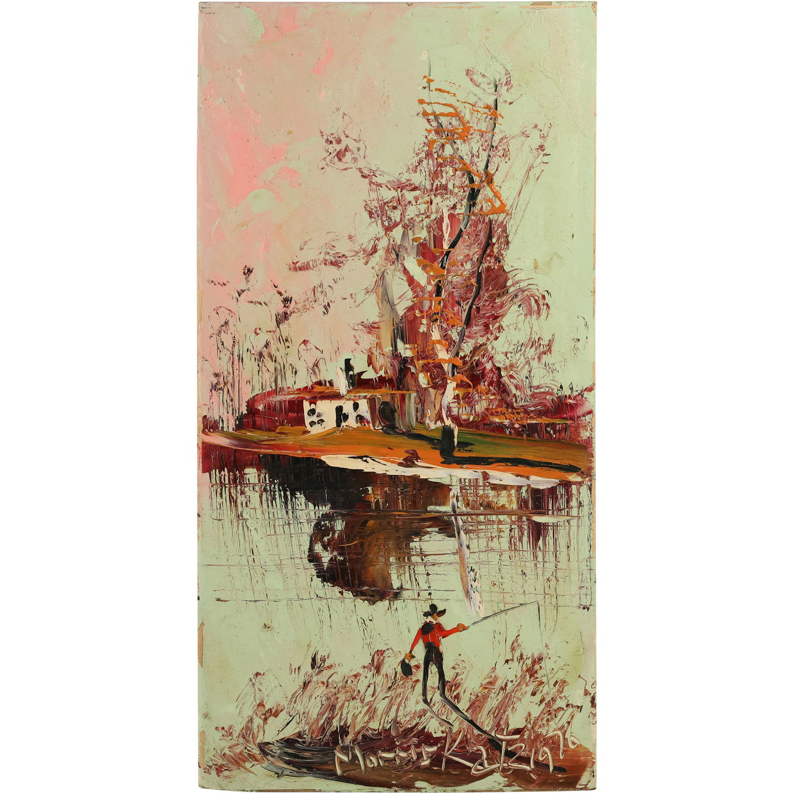 Morris Katz 1976, Jewish American, Acrylic Painting, Fisherman in the Catskills Lake Scene, Chalet: Morris Katz 1976, Jewish American, Acrylic Painting, Fisherman in the Catskills Lake Scene, Chalet. Well Listed Artist. size: 15 x 30 ; ASKart: Morris Katz (born Moshe Katz on March 5, 1932 in Galicia