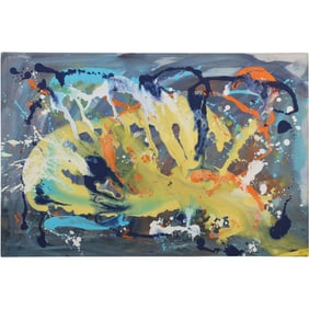 20th C. Abstract Impressionism Oil on Canvas Painting, Blues, Yellows, Size: 24 in. x 36 in.