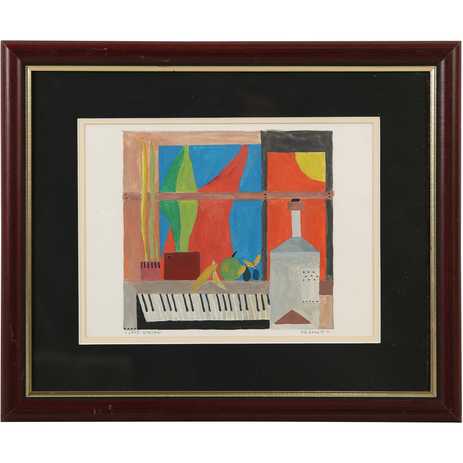 Andrew Zietkiewicz, Polish / American, Tempera on Cardboard Painting "I Love Spring" Abstract: Andrew Zietkiewicz, Polish / American, Tempera on Cardboard Painting "I Love Spring" Abstract. Signed AZ and Artist's Studio Stamp on Verso. size: 7.5 x 9.5 outside frame 13 x 15