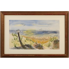Jehudith [Judyta] Sobel, 1924-2012, Polish, Watercolor Painting "Atlantic Ave Beach" circa 1978