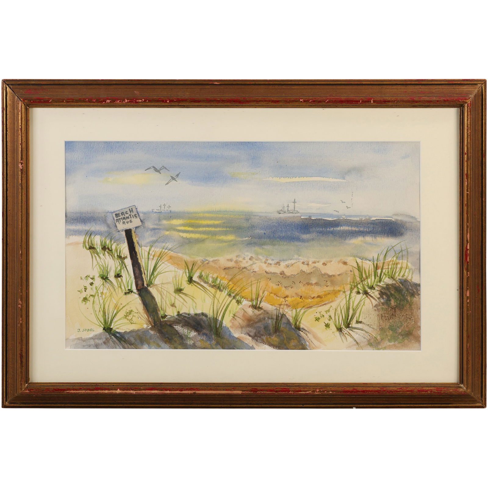 Jehudith [Judyta] Sobel, 1924-2012, Polish, Watercolor Painting "Atlantic Ave Beach" circa 1978: Jehudith [Judyta] Sobel, 1924-2012, Polish, Watercolor Painting "Atlantic Ave Beach" circa 1978. size: 15.5 x 24 outside frame 18.5 x 27 ; ASKart: JEHUDITH SOBEL was born in Poland and was raised and