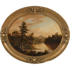 19th C. Hudson River School Landscape Oval Oil on Canvas Painting in Original Gold Frame