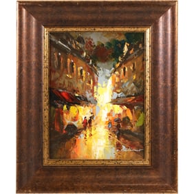 Artist Signed Illegible Illumiated Street Scene Oil on Canvas Painting, Framed