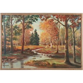 R F Landsear, Vintage Oil on Canvas Painting, Autumn Landscape with Stream, Signed