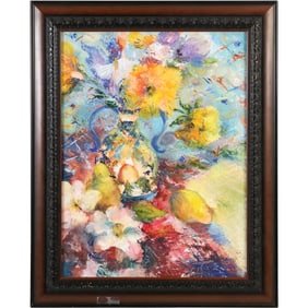 Linda Turoczi, 20th C. Oil Painting "Flower & Pear Party", Exhibition Label on Verso