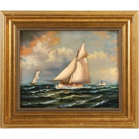 Fine 20th C. Oil on Board Painting "The Puritan Leading Genesta" 1885 America's Cup Yacht Race