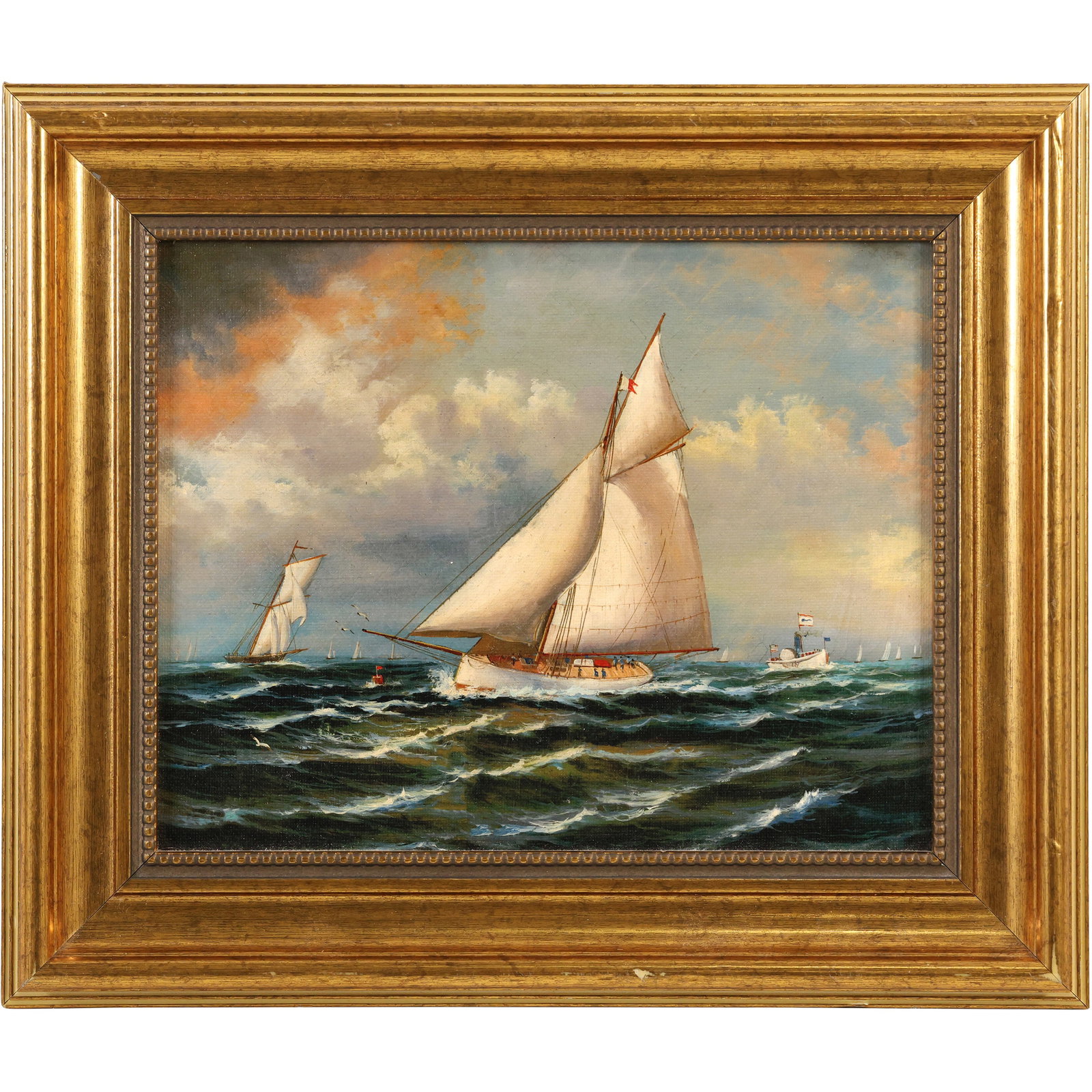 Fine 20th C. Oil on Board Painting "The Puritan Leading Genesta" 1885 America's Cup Yacht Race: Fine 20th C. Oil on Board Painting "The Puritan Leading Genesta". This artwork captures a significant moment from the 1885 America's Cup yacht race, specifically showcasing the Puritan yacht defeating